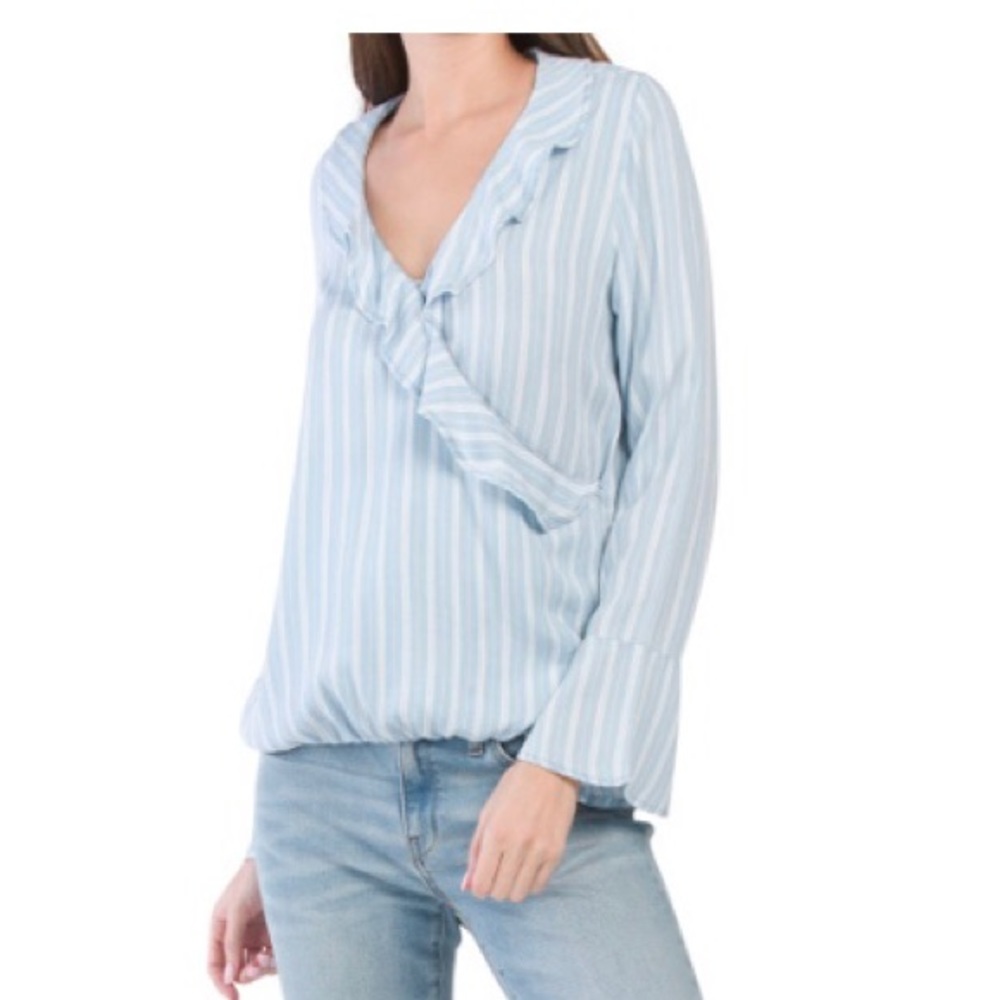 Dear John blue white faux wrap blouse, medium